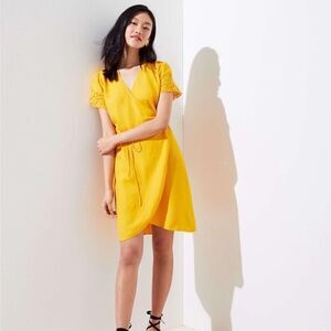 LOFT DRESS Yellow Eyelet Wrap Dress Size S